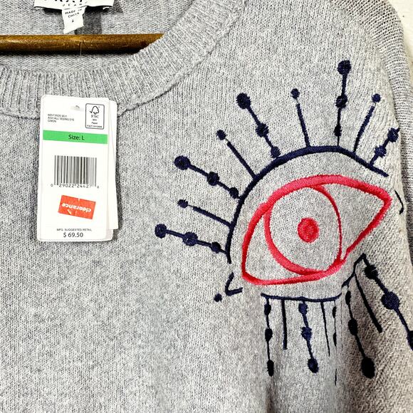 NEW! Frayed Jeans Crewneck Sweater Inside Out Stitch Puffy Paint Look Eye - L - Picture 4 of 4